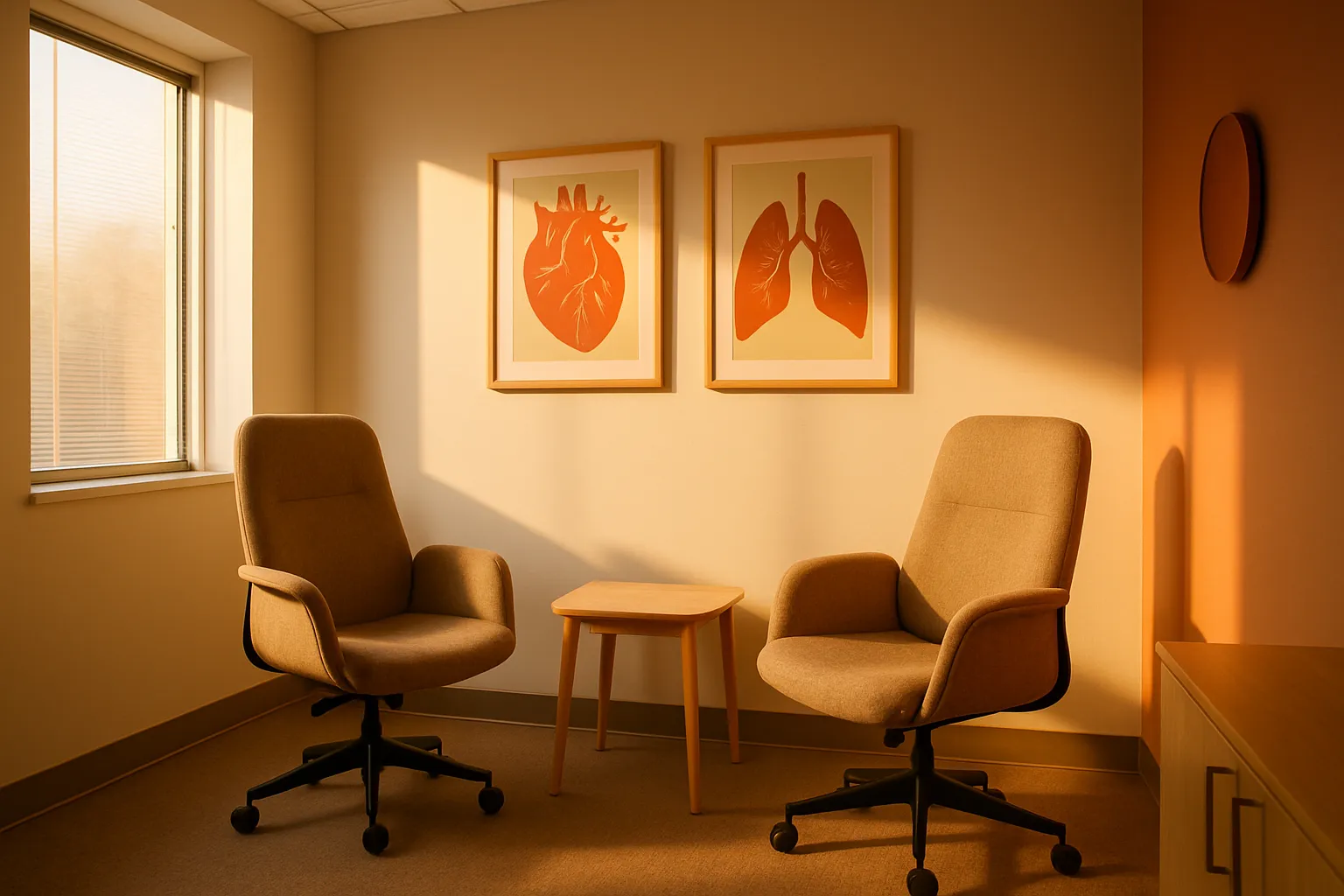 Sala de consulta médica moderna com duas cadeiras ergonômicas bege frente a frente, mesa lateral, paredes bege com detalhes terracota e luz natural golden hour