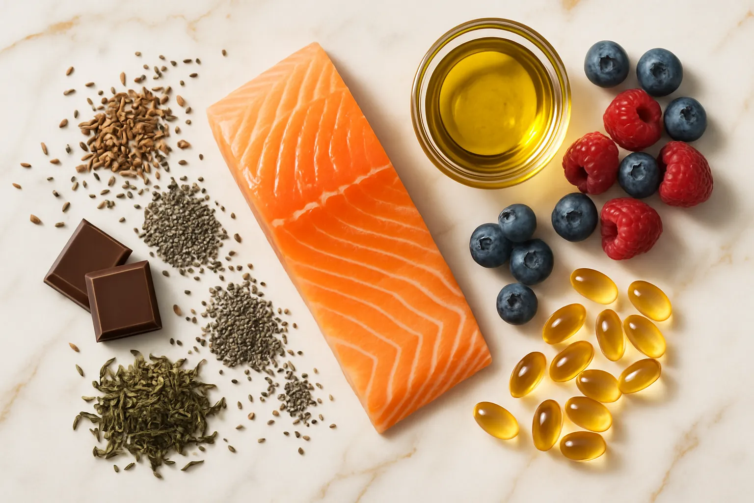 Composição flat lay premium com alimentos ricos em ômega-3 e polifenóis para otimização da omentina: salmão, sementes de linhaça e chia, frutas vermelhas, chocolate amargo, azeite e chá verde sobre mármore branco