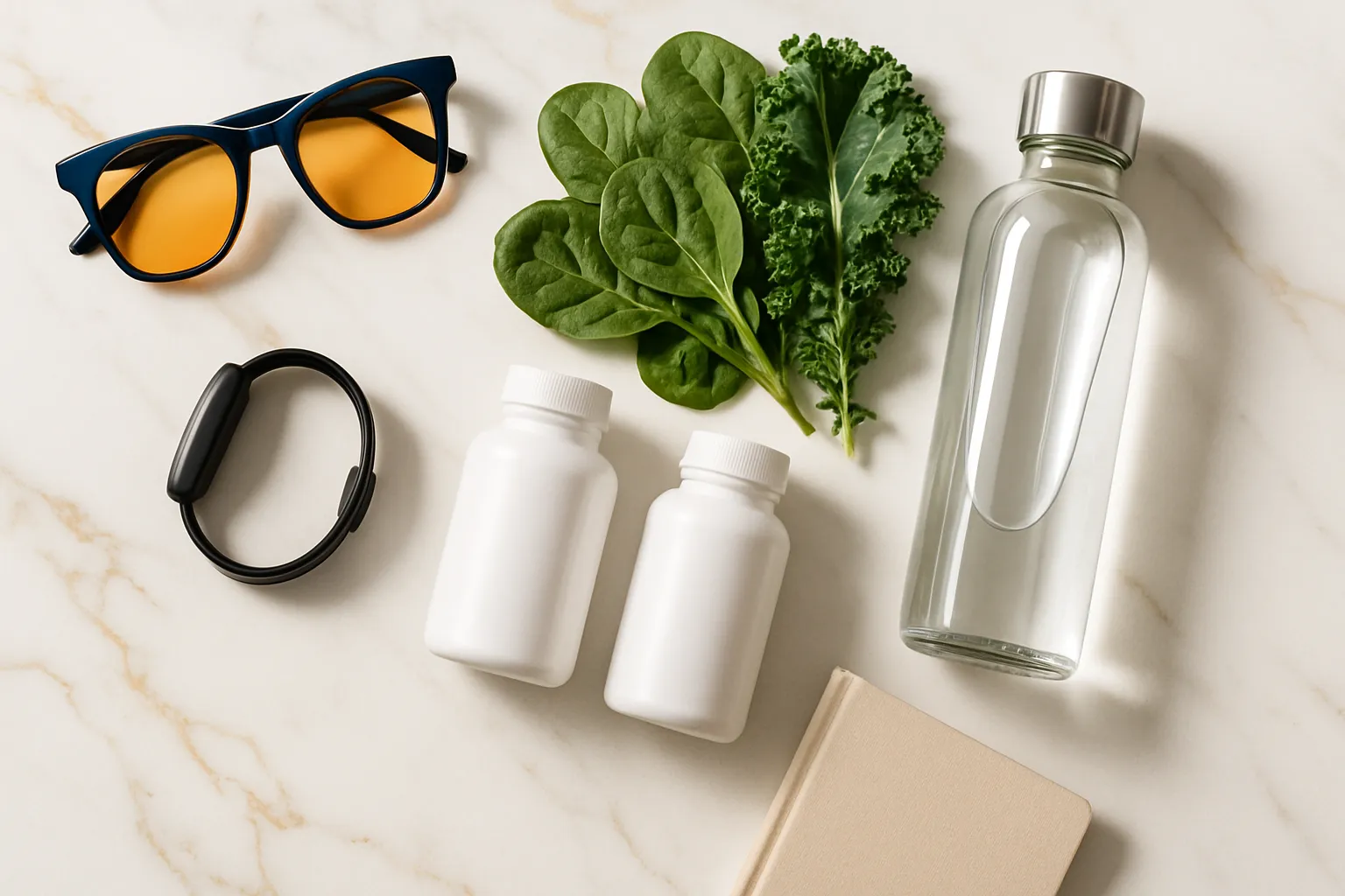 Ferramentas Essenciais para Otimização do Sistema Orexina Composição flat lay premium sobre mármore branco com ferramentas para otimização do sono e sistema de orexina: óculos bloqueadores de luz azul, suplementos sem rótulos, vegetais folhosos e dispositivo de monitoramento minimalista