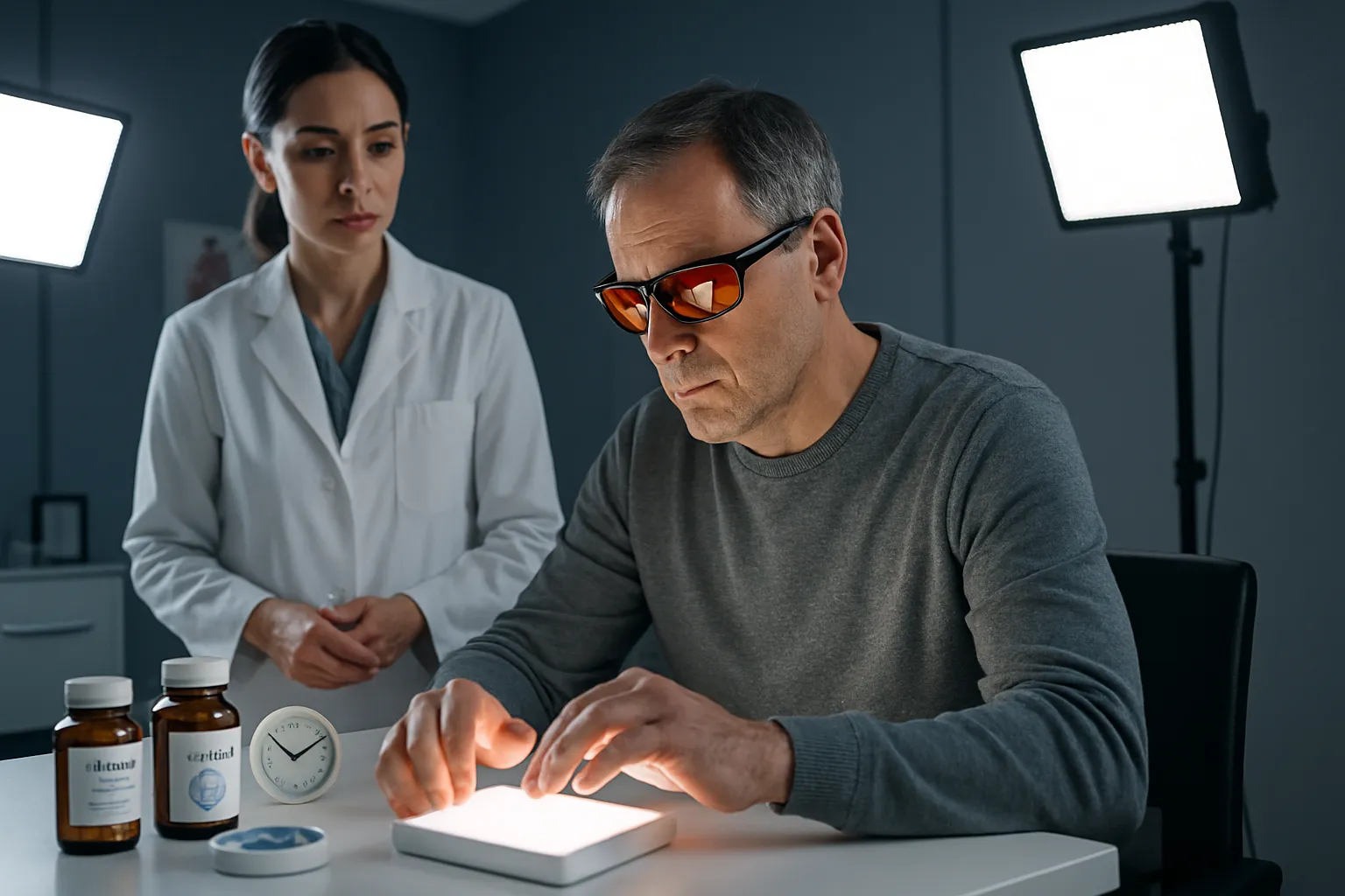 Paciente Implementando Protocolo de Regulação de Melatonina Paciente realizando protocolo de otimização de melatonina com óculos bloqueadores de luz azul sob supervisão de especialista em consultório médico