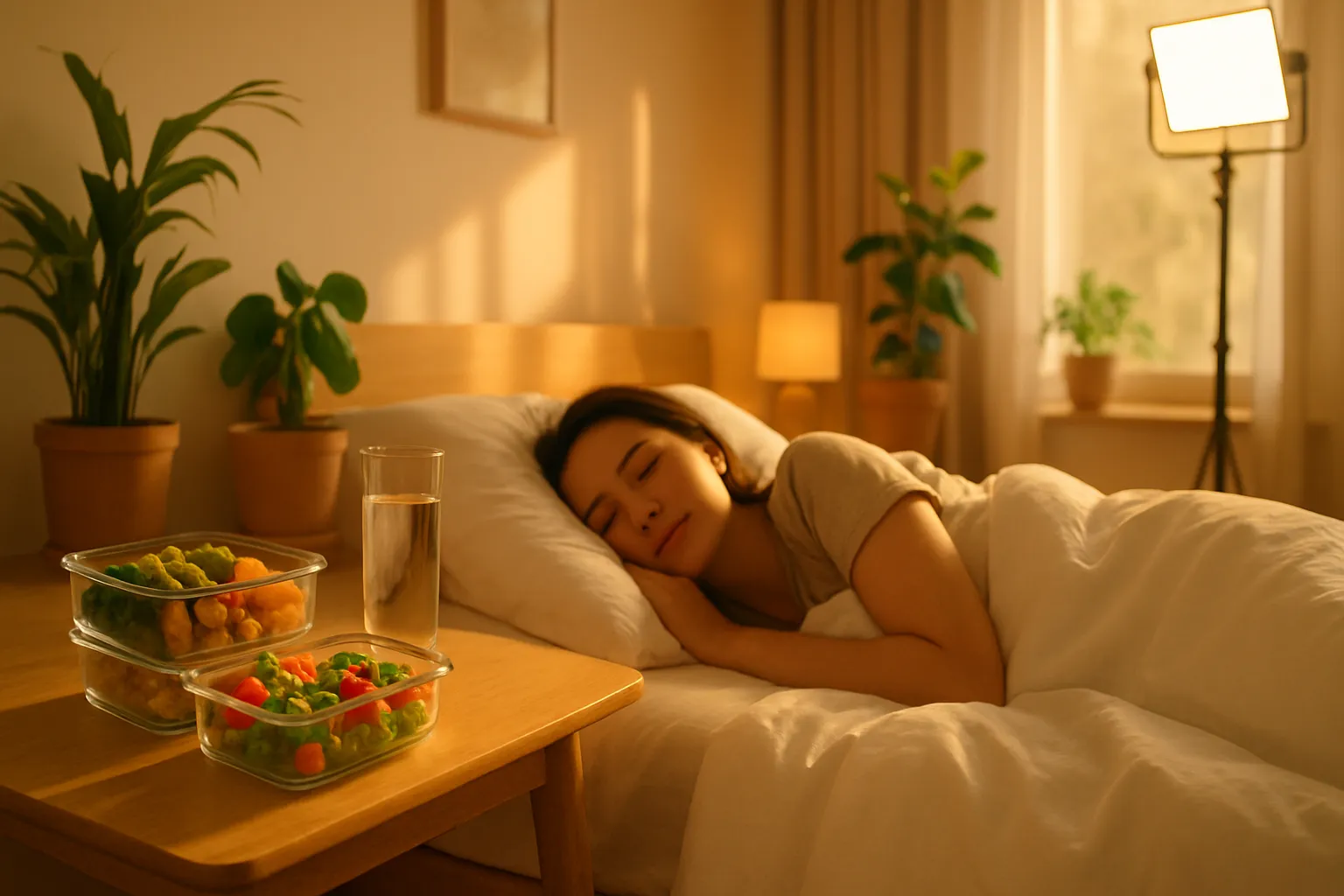 Fundamentos da Saúde: Sono e Nutrição Ambiente de sono saudável com refeições anti-inflamatórias preparadas mostrando pilares fundamentais da saúde