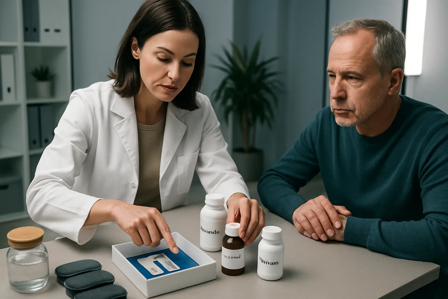 Preparação de Protocolo para Redução de Cortisol Noturno Especialista em wellness preparando protocolo de tratamento para redução de cortisol noturno com suplementos adaptogênicos e kit de teste hormonal