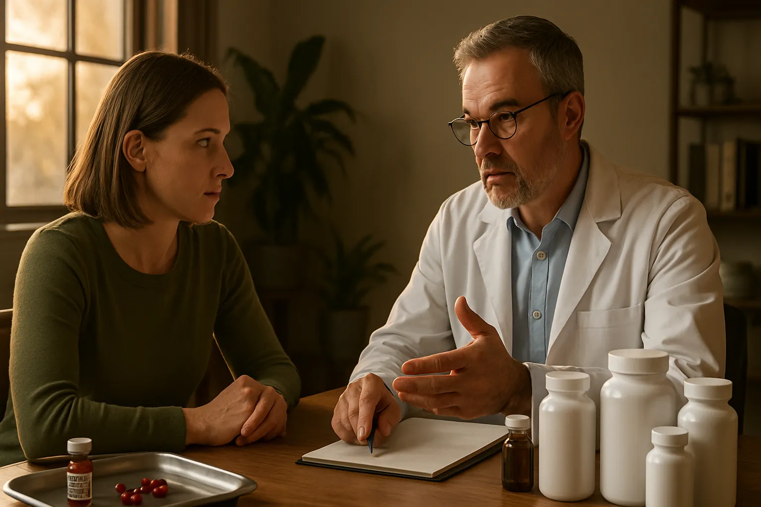Cliente recebendo orientação sobre protocolo personalizado de suplementação para fadiga crônica com especialista em medicina integrativa