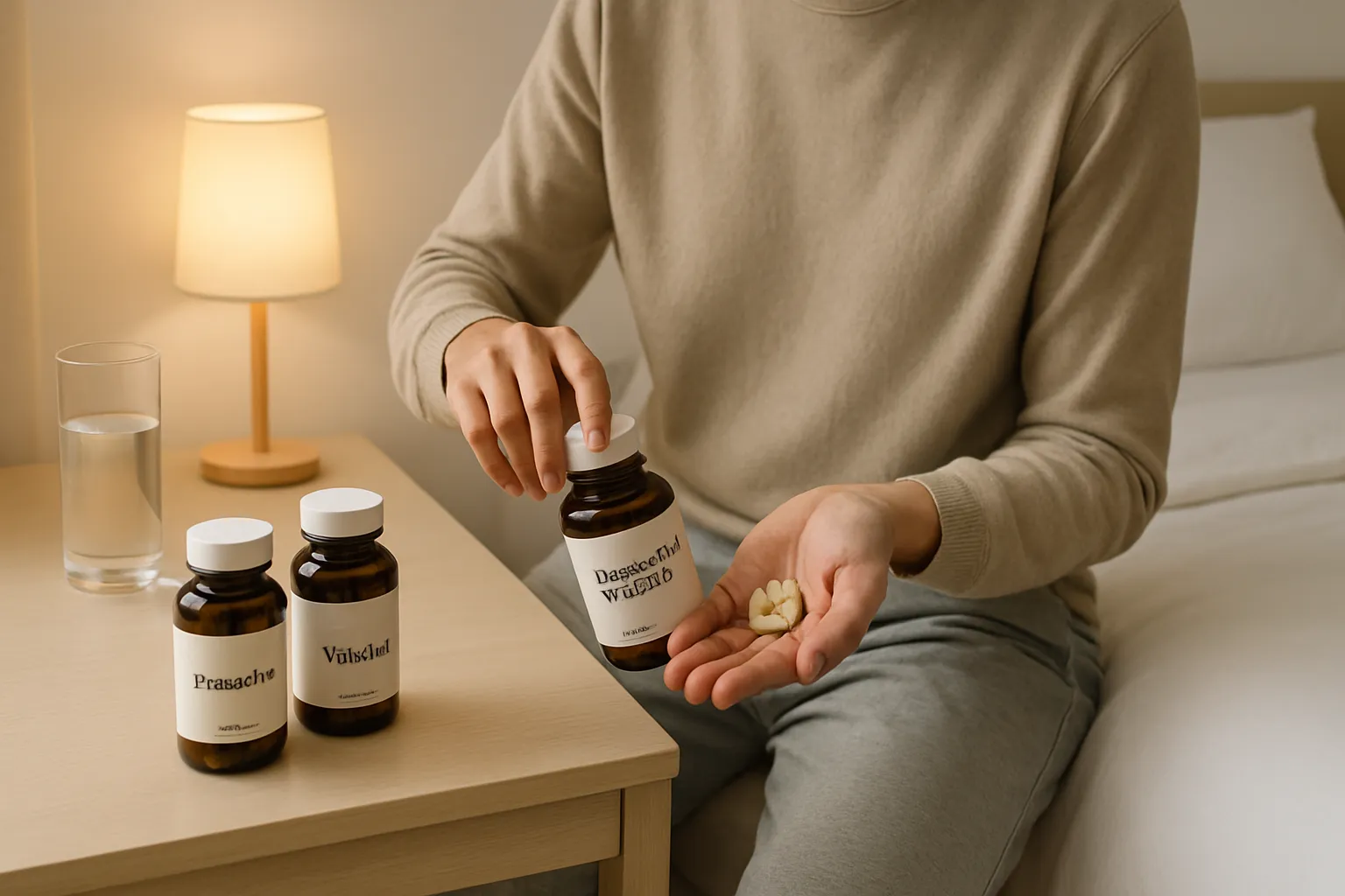 Pessoa preparando rotina de suplementação noturna com magnésio, valeriana e passiflora antes de dormir