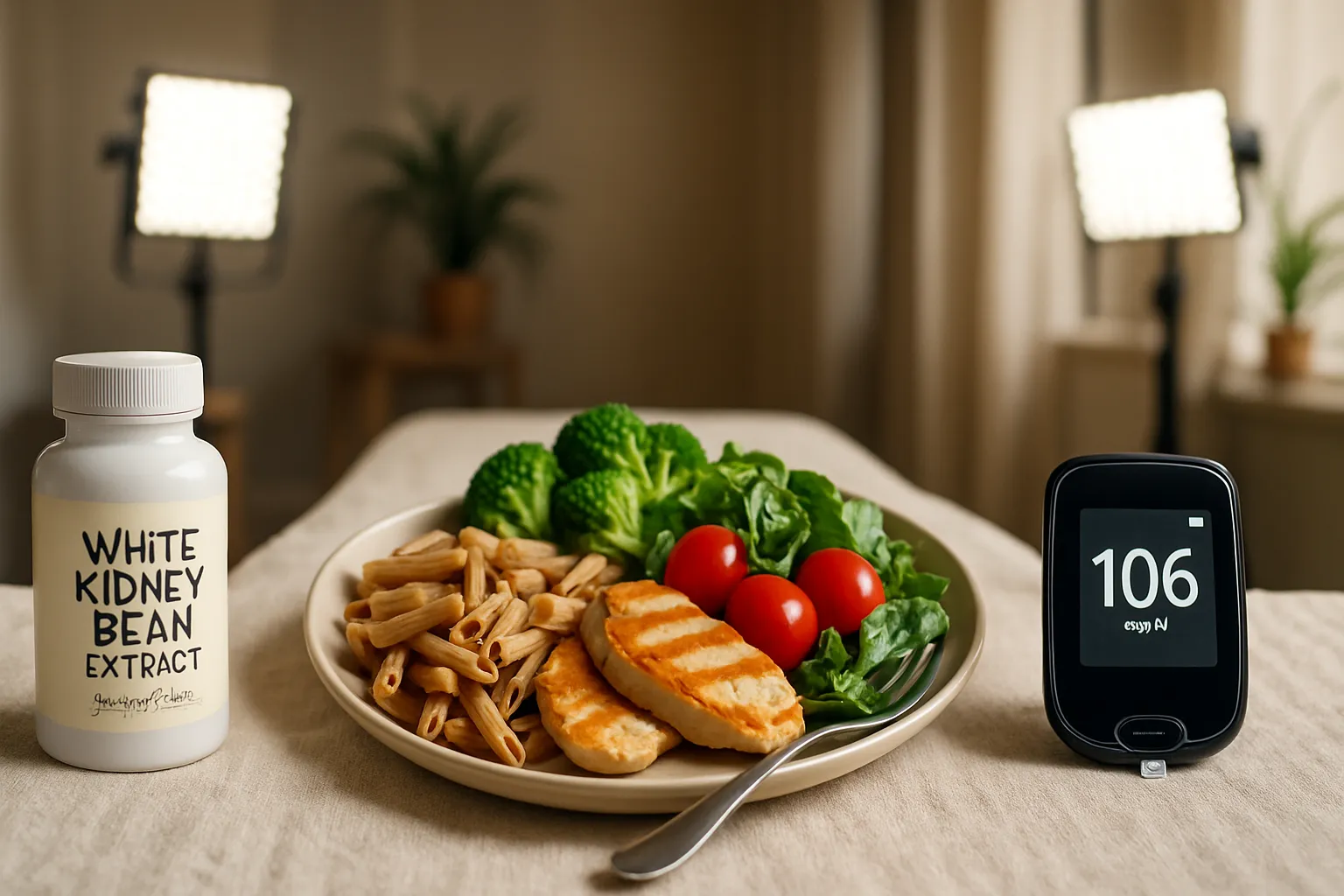 Composição sequencial mostrando protocolo de uso de extrato de feijão branco antes de refeições ricas em carboidratos com medidor de glicose para controle metabólico
