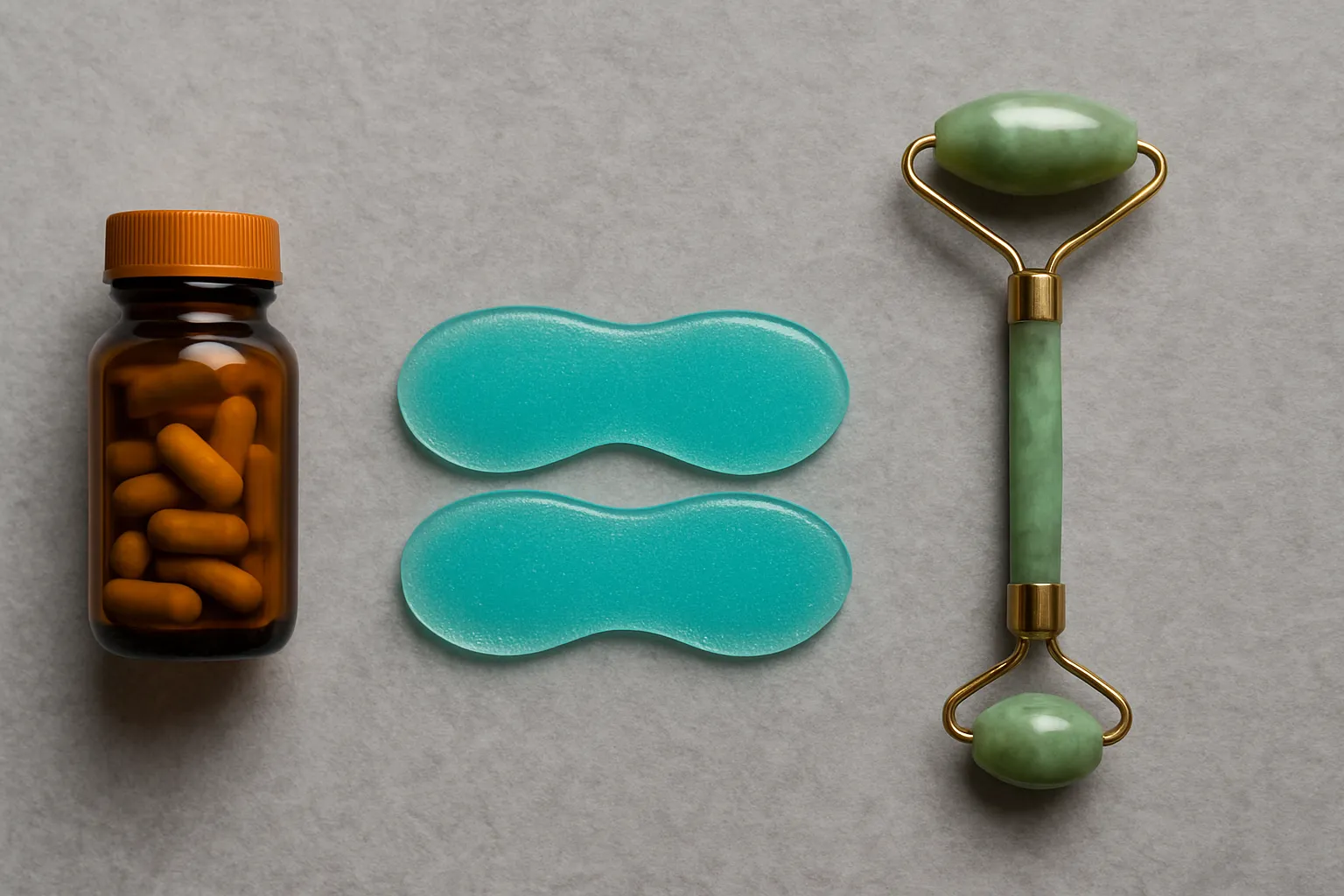 Sequência de protocolo de tratamento para edema de pálpebras relacionado a hormônios, mostrando suplemento tireoidiano, patches de gel e jade roller