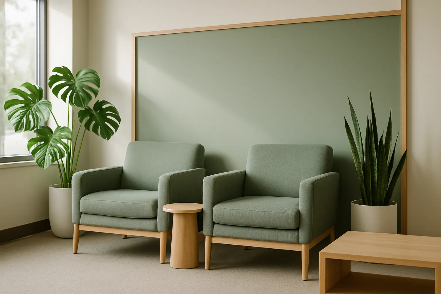 Sala de espera moderna de clínica com poltronas confortáveis em verde sálvia, plantas grandes, detalhes em madeira natural e luz natural difusa criando atmosfera acolhedora e profissional