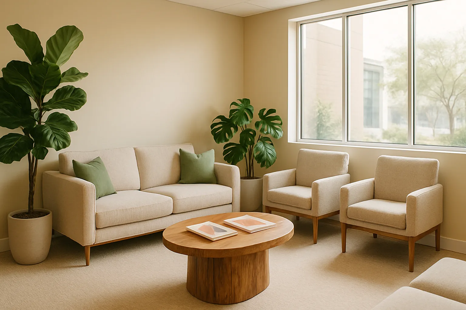 Área de espera acolhedora de clínica moderna com assentos confortáveis, grandes plantas ornamentais, detalhes em madeira natural, paredes bege com almofadas verde sálvia e luz natural difusa