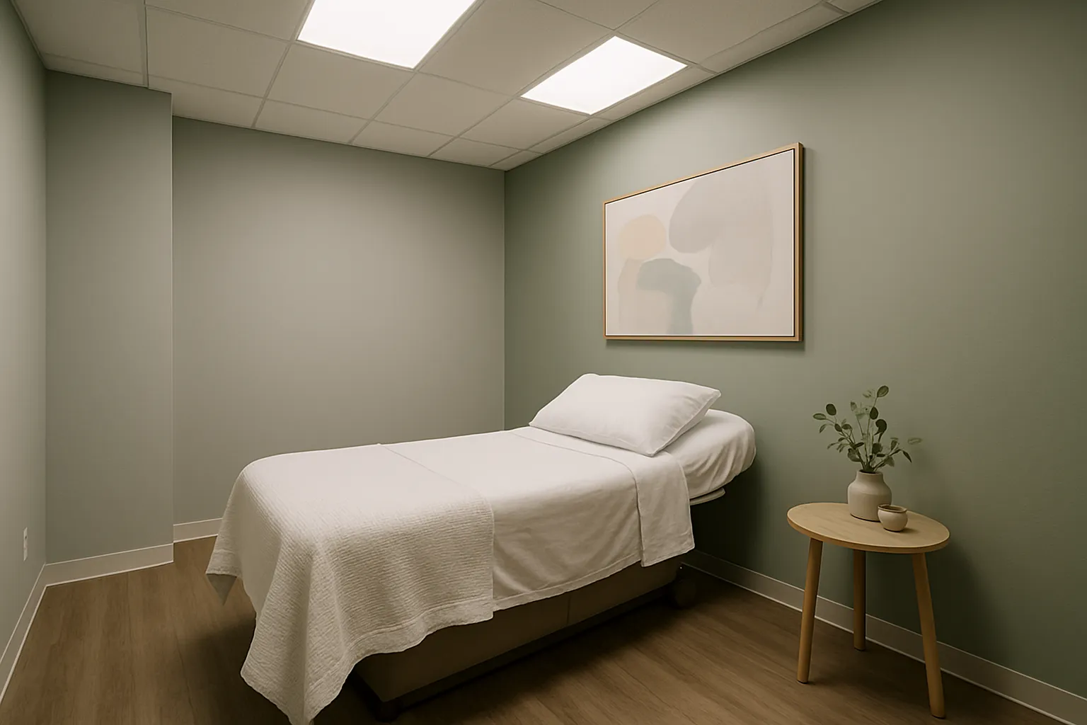 Sala de tratamento integrativo estilo spa com tons cinza frio e detalhes em verde sálvia, cama médica confortável, iluminação ambiente suave, espaço profissional acolhedor para consultas de medicina funcional e tratamento de enxaqueca hormonal