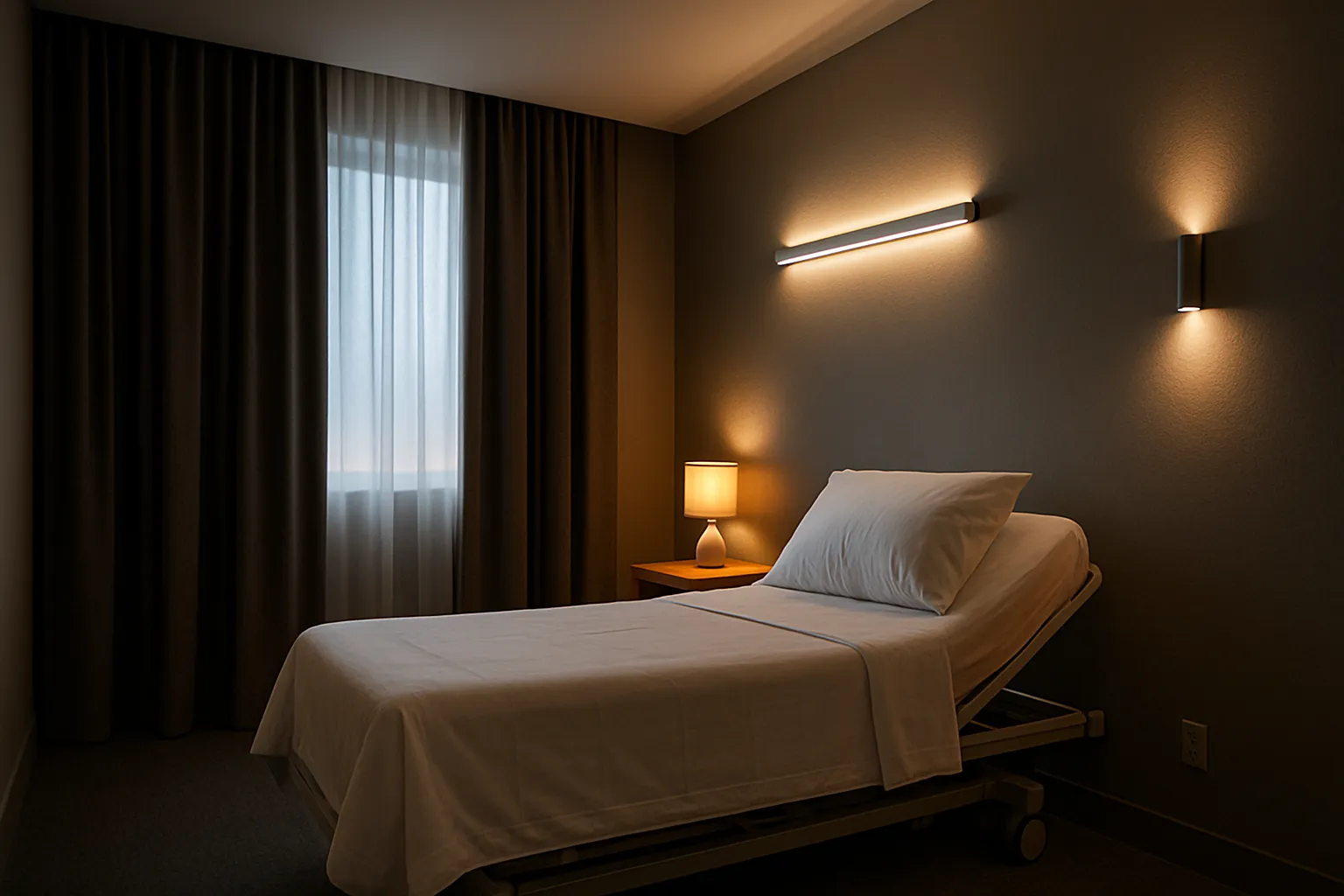 Sala de tratamento estilo spa com iluminação âmbar e cortinas blackout para terapia de otimização do sono e recuperação circadiana