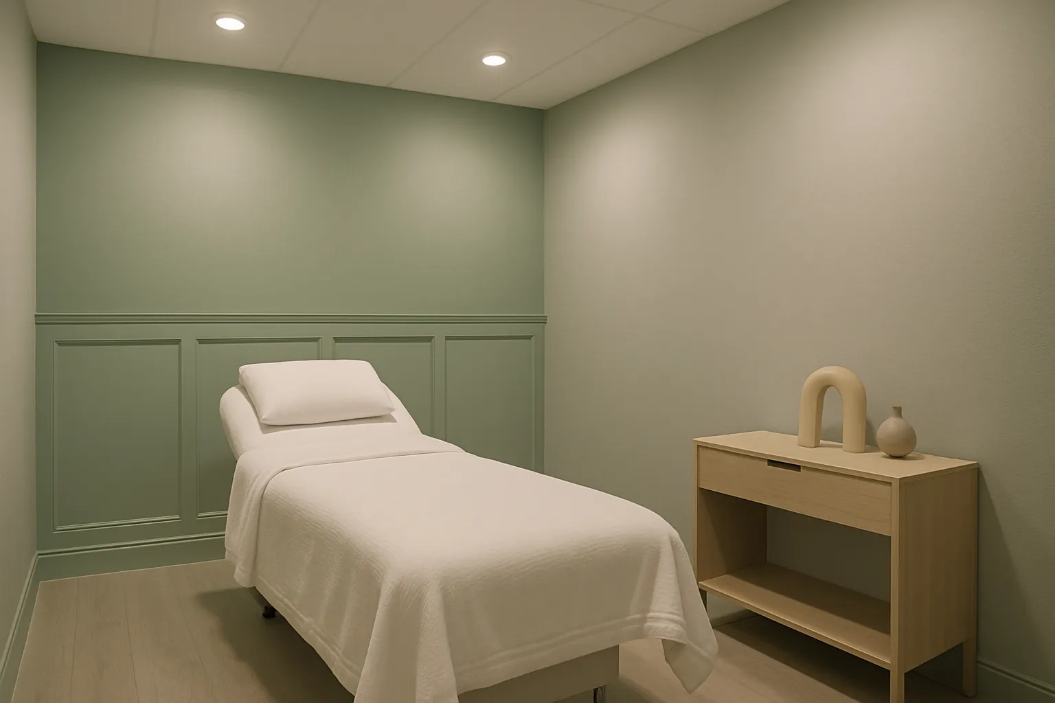 Ambiente Ideal para Tratamento de Equilíbrio Hormonal e Saúde da Pele Sala de tratamento estilo spa com cama médica, paredes cinza com detalhes verde sálvia, iluminação ambiente suave, perspectiva de canto mostrando espaço profissional acolhedor