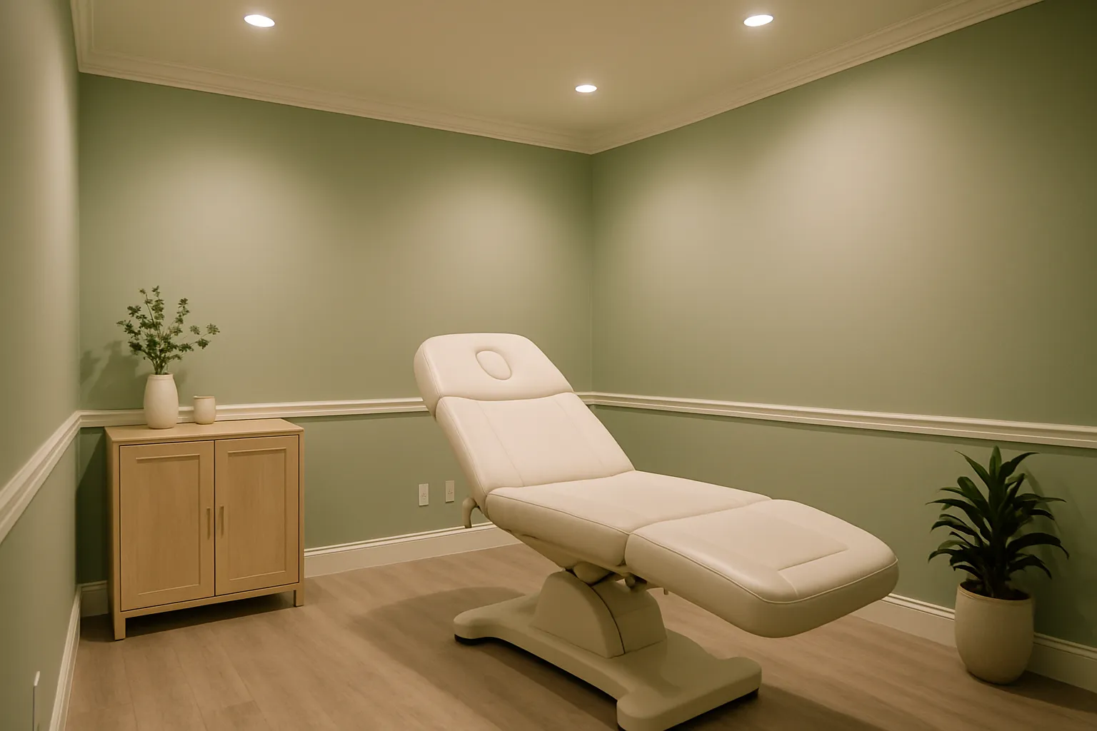 Sala de tratamento estilo spa com cama médica individual, paredes verde sálvia com detalhes brancos suaves, iluminação ambiente suave de teto embutido, criando atmosfera calma e terapêutica para bem-estar mental