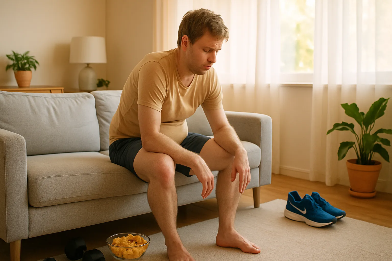 Pessoa em postura sedentária demonstrando os efeitos da falta de atividade física na sensibilidade à insulina e saúde muscular