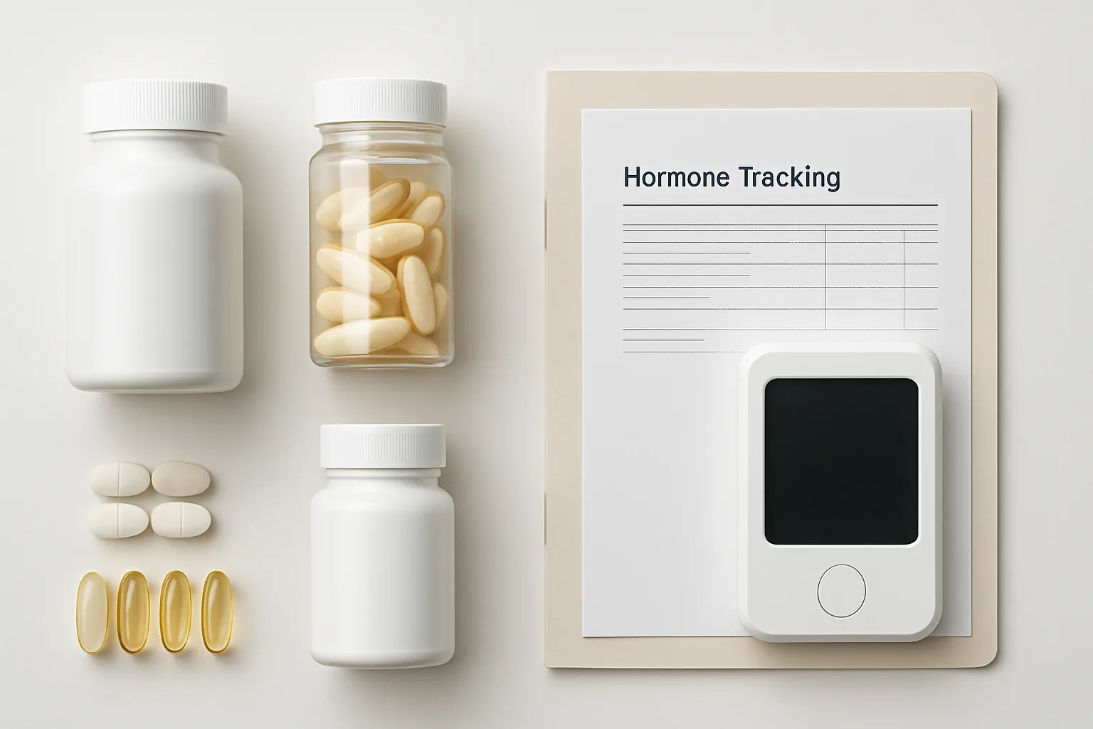Flat lay médico clínico mostrando ferramentas essenciais para otimização de SHBG: frascos de suplementos sem rótulos (boro, vitamina D, berberina, magnésio glicinato, ômega-3), pasta de painel tireoidiano e dispositivo de rastreamento hormonal organizados em grid simétrico sobre superfície branca estéril