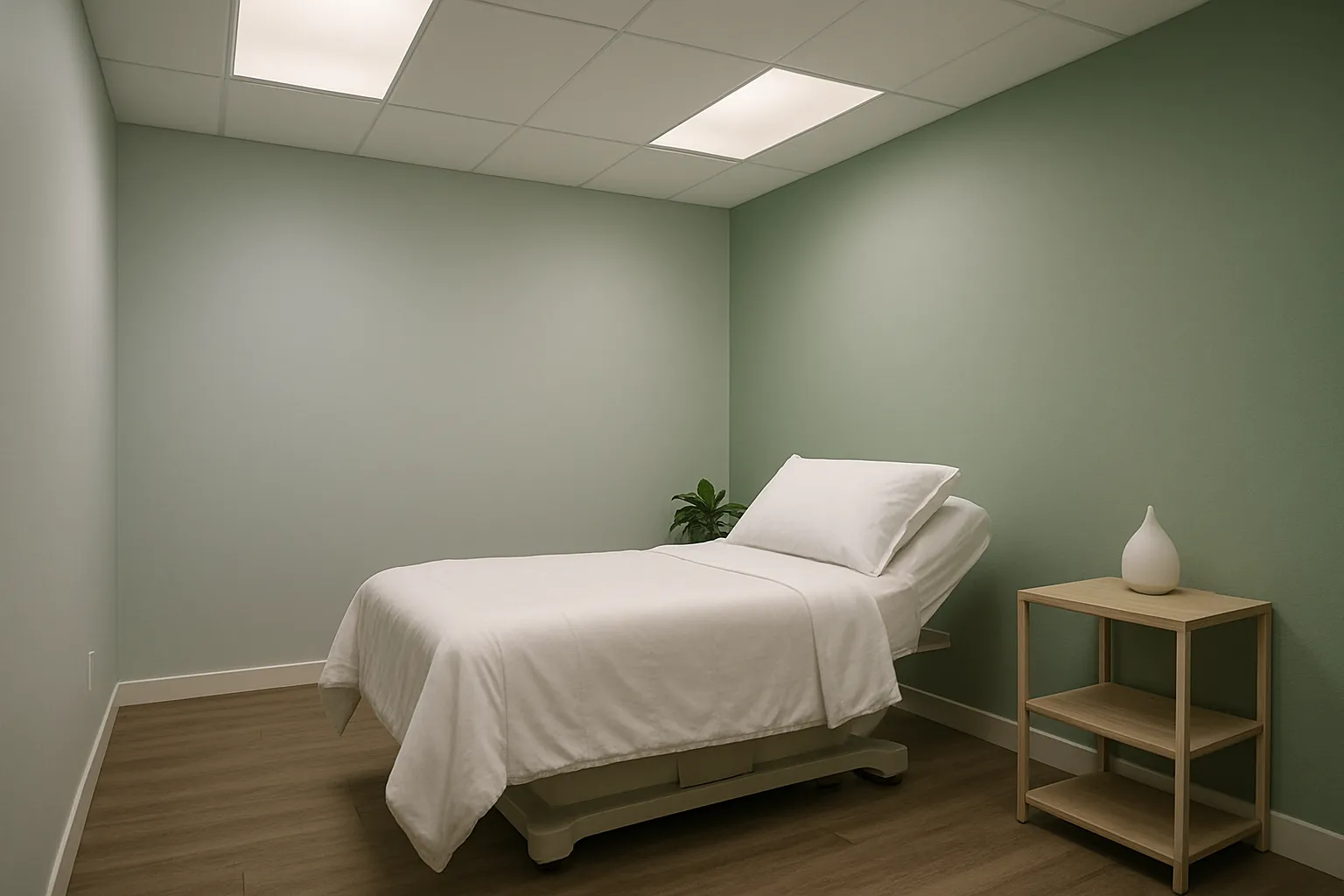 Ambiente Terapêutico para Consulta de Medicina do Sono Sala de tratamento estilo spa com tons cinza frio e acentos verde sálvia, cama médica confortável, iluminação ambiente suave e atmosfera tranquila para consultas de otimização do sono