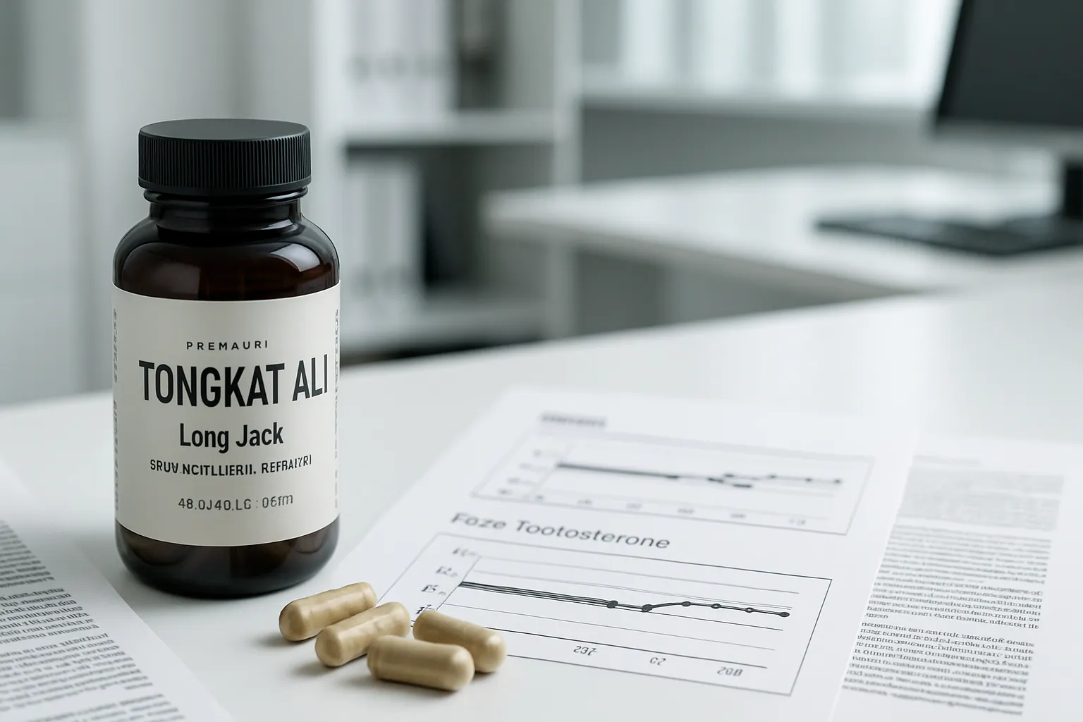 Frasco de suplemento Tongkat Ali Long Jack com resultados de exames mostrando melhora na testosterona livre e redução de SHBG