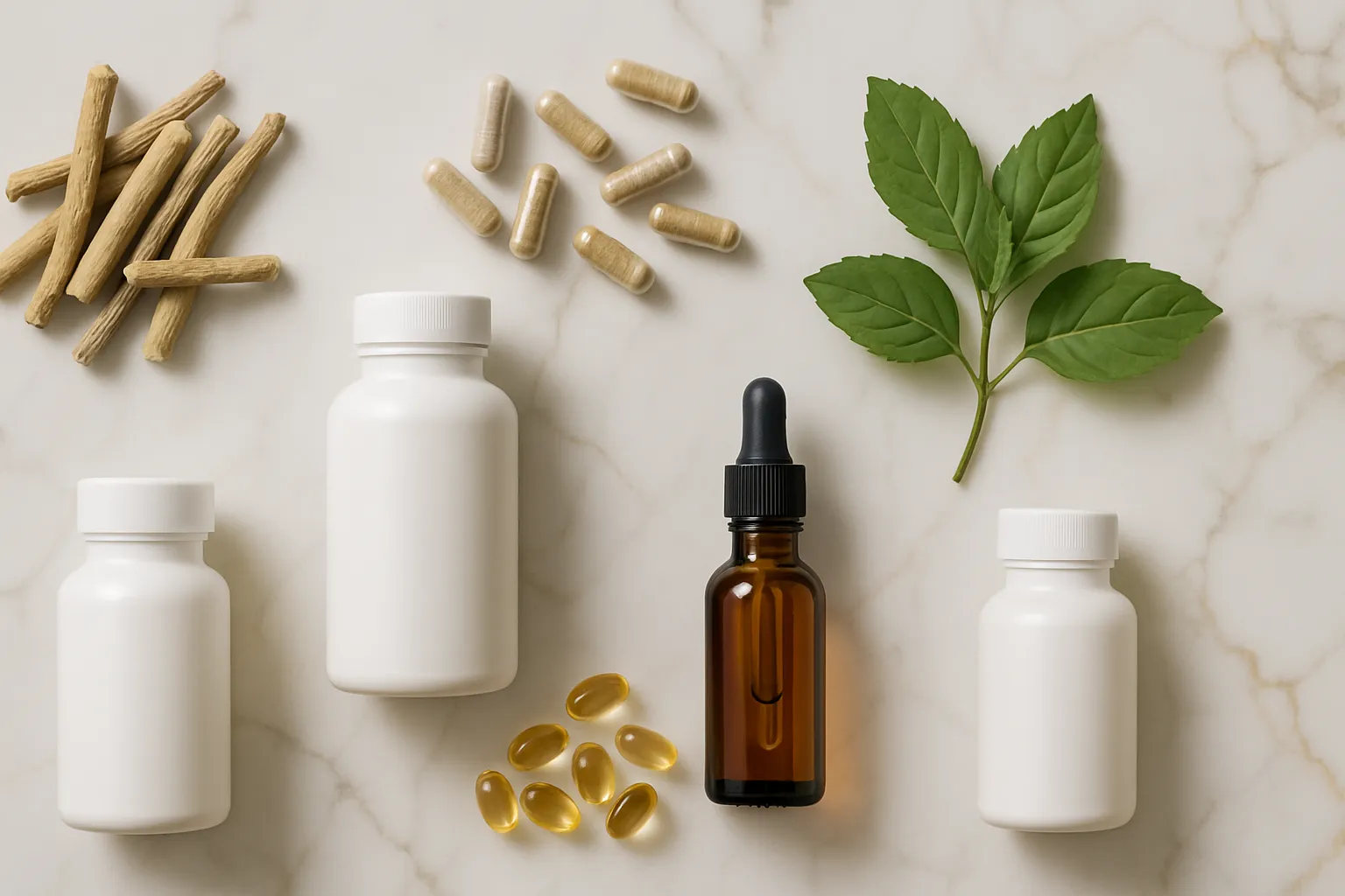 Arranjo artístico em flat lay de ferramentas para bem-estar mental sobre mármore branco com veios dourados: raízes de ashwagandha, cápsulas de rhodiola, frasco de magnésio sem rótulo, ervas adaptogênicas frescas e suplementos organizados em composição editorial premium