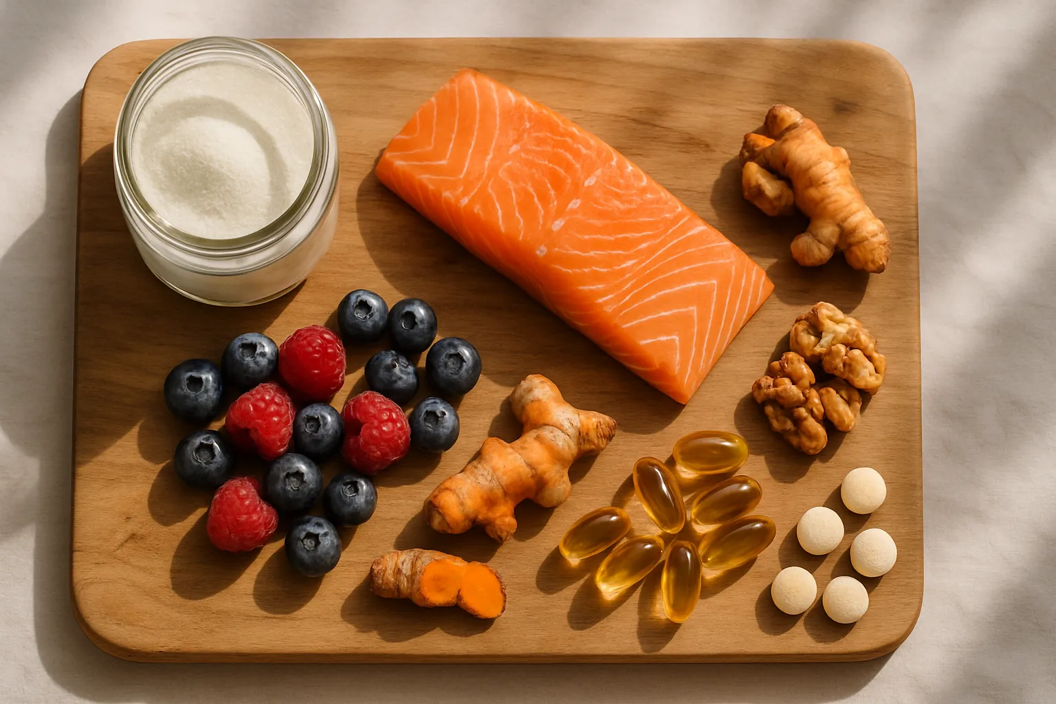 Ferramentas Essenciais para Equilíbrio Hormonal e Saúde do Colágeno Arranjo flat lay orgânico de colágeno hidrolisado, salmão fresco, berries, açafrão, nozes e suplementos sem rótulos em tábua de madeira natural