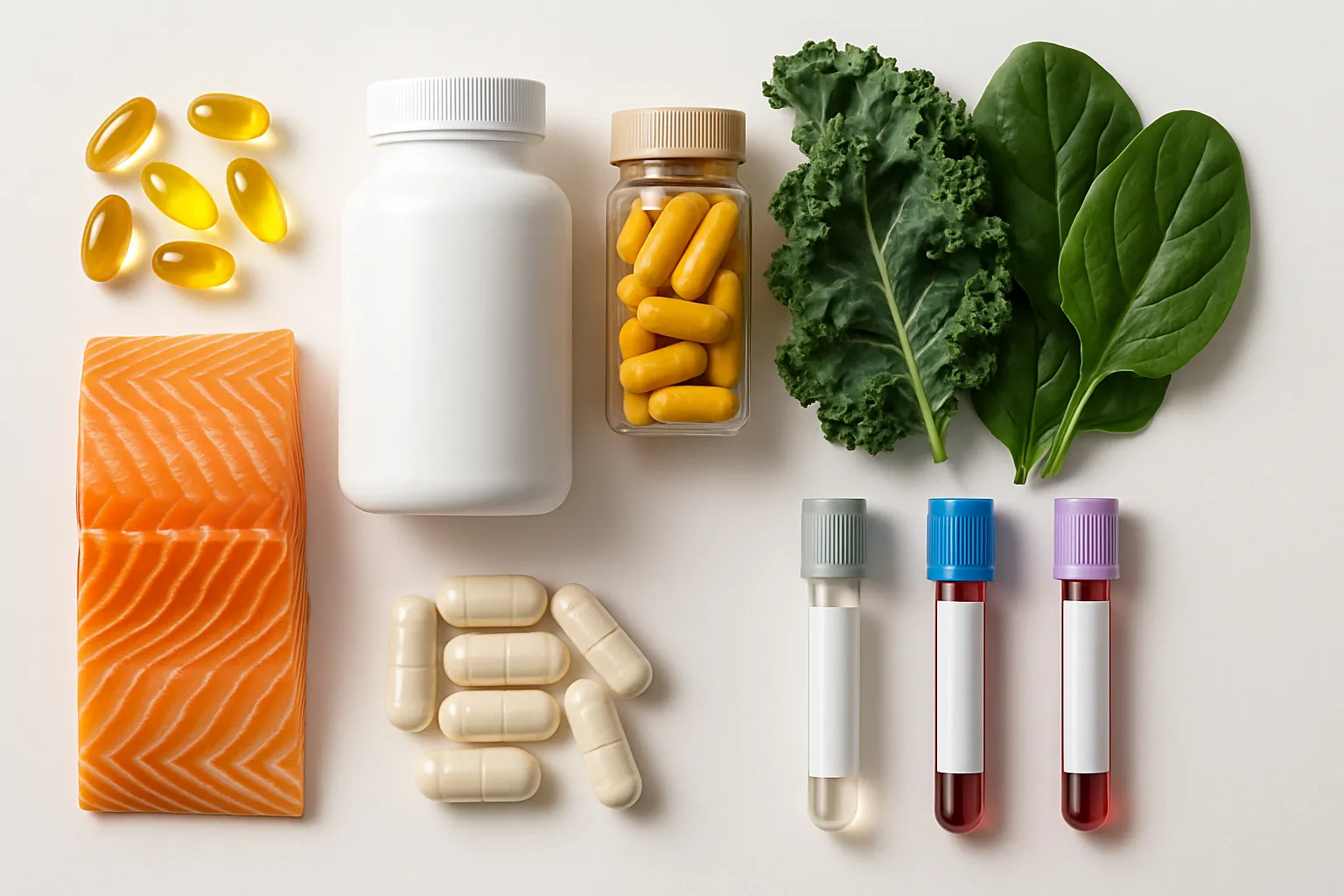 Composição flat lay organizada em grid simétrico sobre superfície médica branca mostrando cápsulas de ômega-3, suplementos de berberina e curcumina sem rótulos, salmão fresco, vegetais folhosos verde-escuros e tubos de exame para marcadores inflamatórios