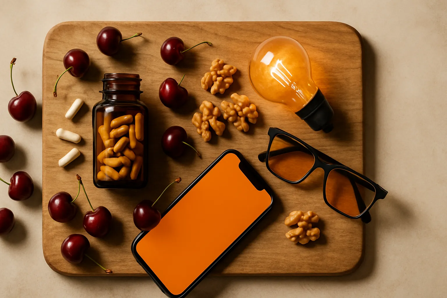 Composição flat lay com suplementos de melatonina, cerejas ácidas, nozes, lâmpada âmbar e óculos bloqueadores de luz azul sobre tábua de madeira natural