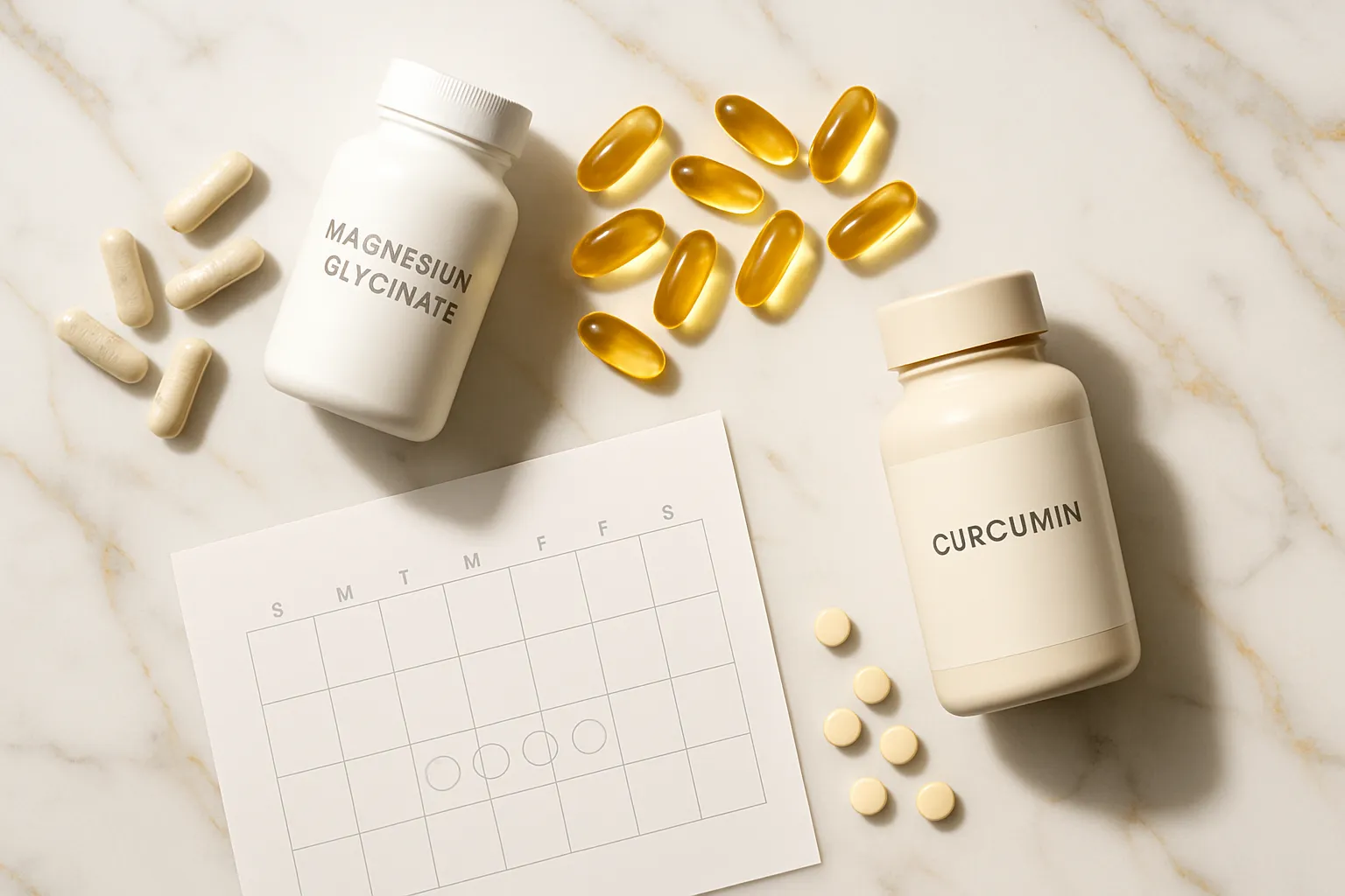 Composição flat lay premium de suplementos para tratamento integrativo de enxaqueca hormonal: cápsulas de magnésio glicinato, ômega-3, curcumina e vitamina B6 organizados artisticamente sobre mármore branco com veios dourados