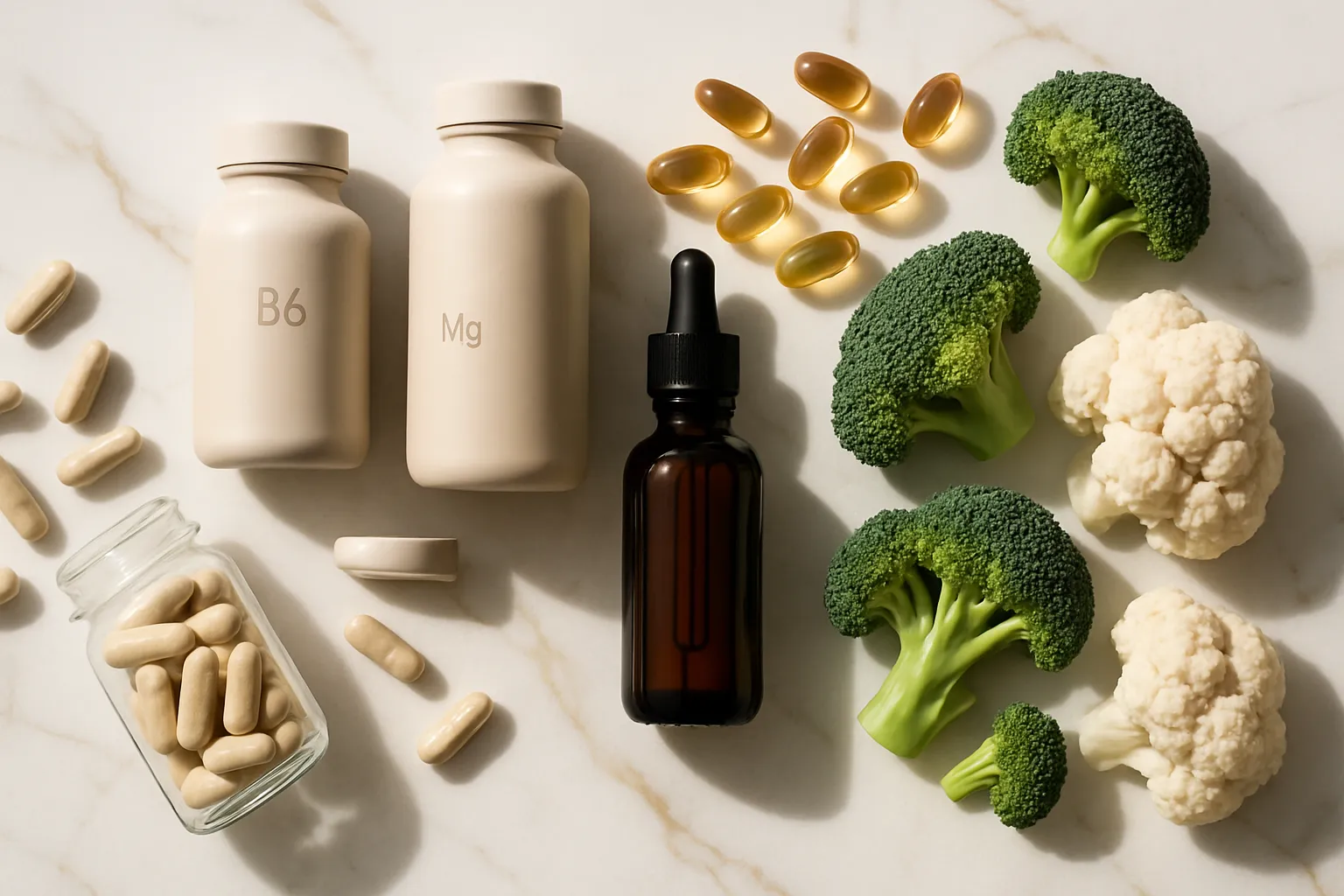 Arranjo flat lay premium de suplementos para equilíbrio hormonal incluindo cápsulas de progesterona, vitaminas B6 e magnésio, ômega-3, extrato de vitex e vegetais crucíferos frescos sobre mármore branco com veios dourados