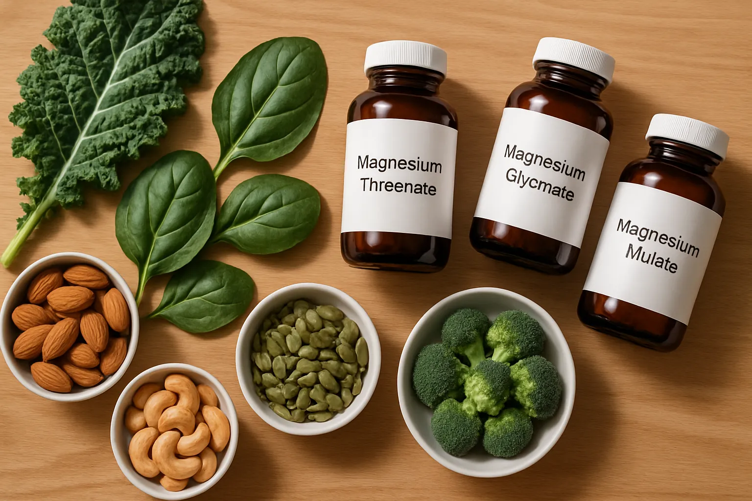 Diferentes formas de suplementos de magnésio dispostos com alimentos ricos em minerais para melhorar a qualidade do sono