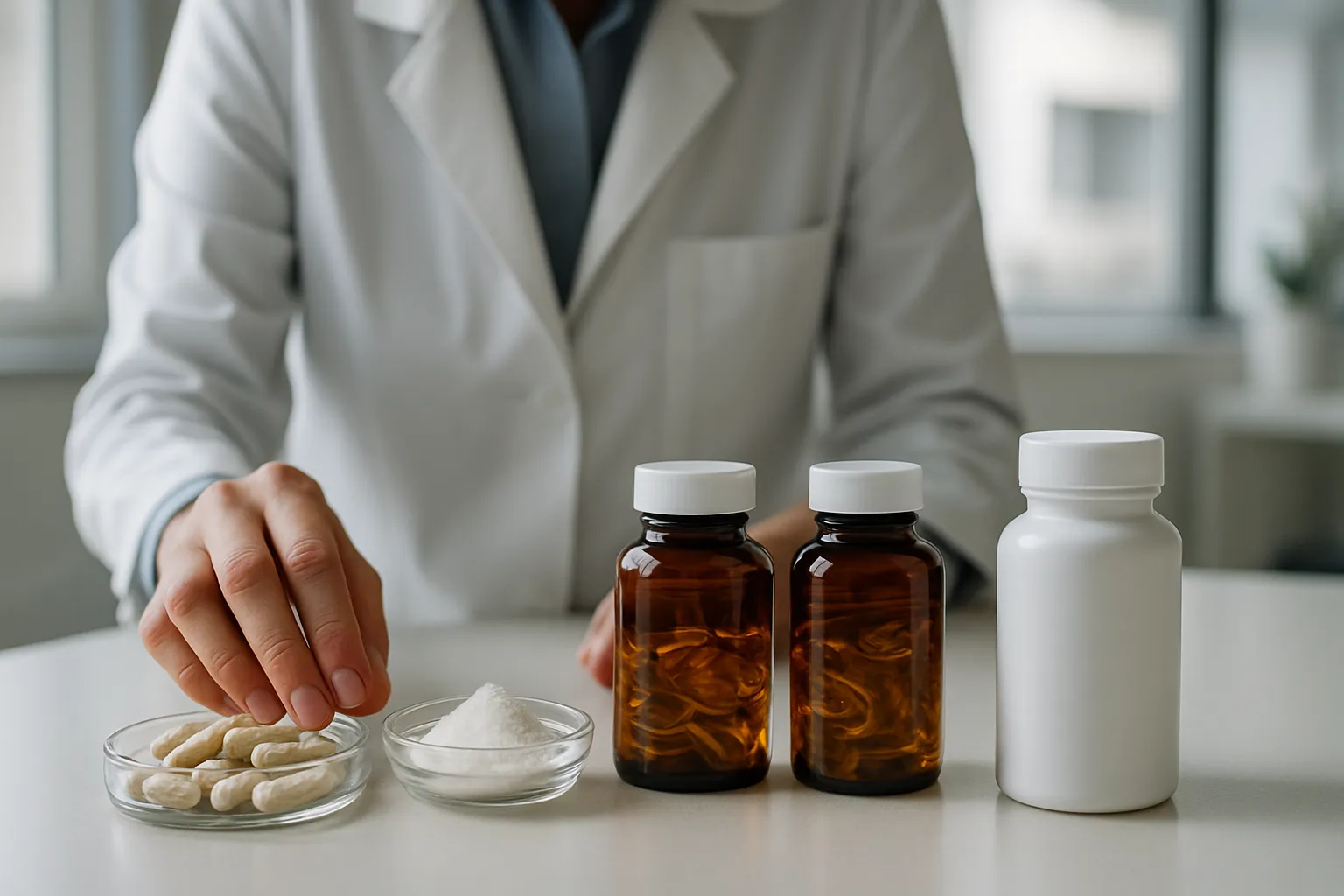 Profissional de saúde organizando suplementos terapêuticos específicos para suporte do eixo HPA incluindo magnésio, vitamina C, ômega-3 e complexo B em clínica contemporânea