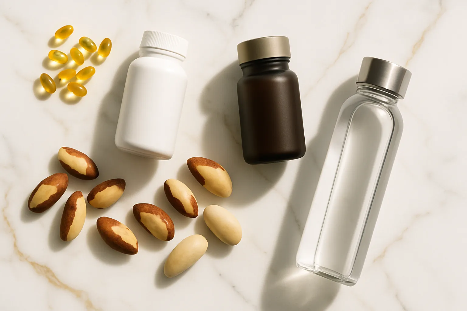 Ferramentas Essenciais para Recuperação de Energia e Vitalidade Composição flat lay premium de suplementos essenciais para fadiga crônica incluindo vitamina D, magnésio, ferro, castanhas-do-pará e suporte tireoidiano arranjados artisticamente sobre mármore branco com veios dourados