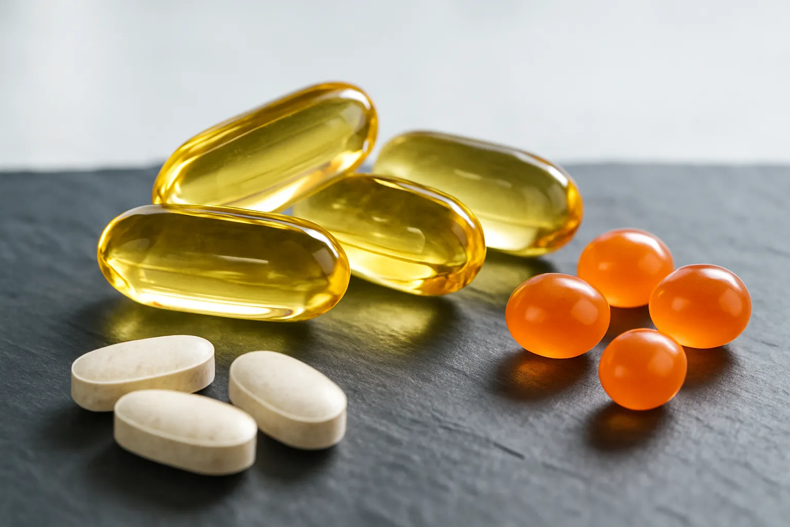 Detalhes em macro de suplementos para barreira cutânea incluindo cápsulas de ômega-3, vitamina A e zinco, organizados profissionalmente em superfície clínica para tratamento de pele seca