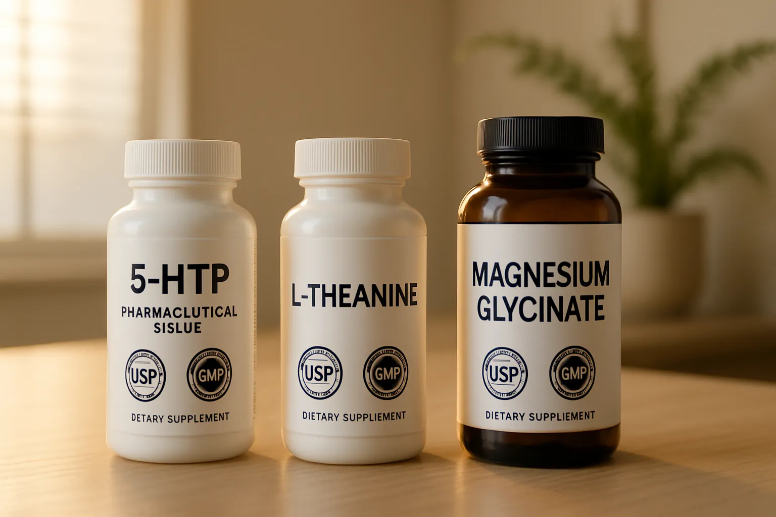 Sequência de frascos de suplementos de qualidade farmacêutica com certificações visíveis, mostrando 5-HTP, L-teanina e magnésio