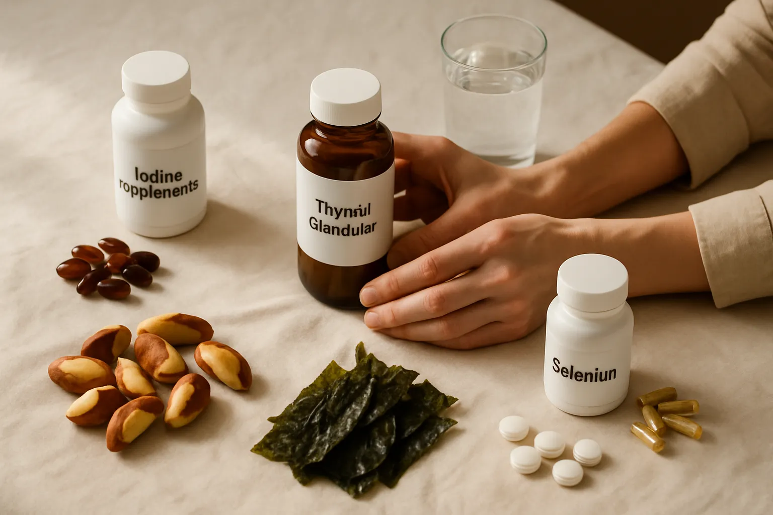 Suplementos e alimentos naturais para suporte da função tireoidiana organizados em ambiente profissional de wellness