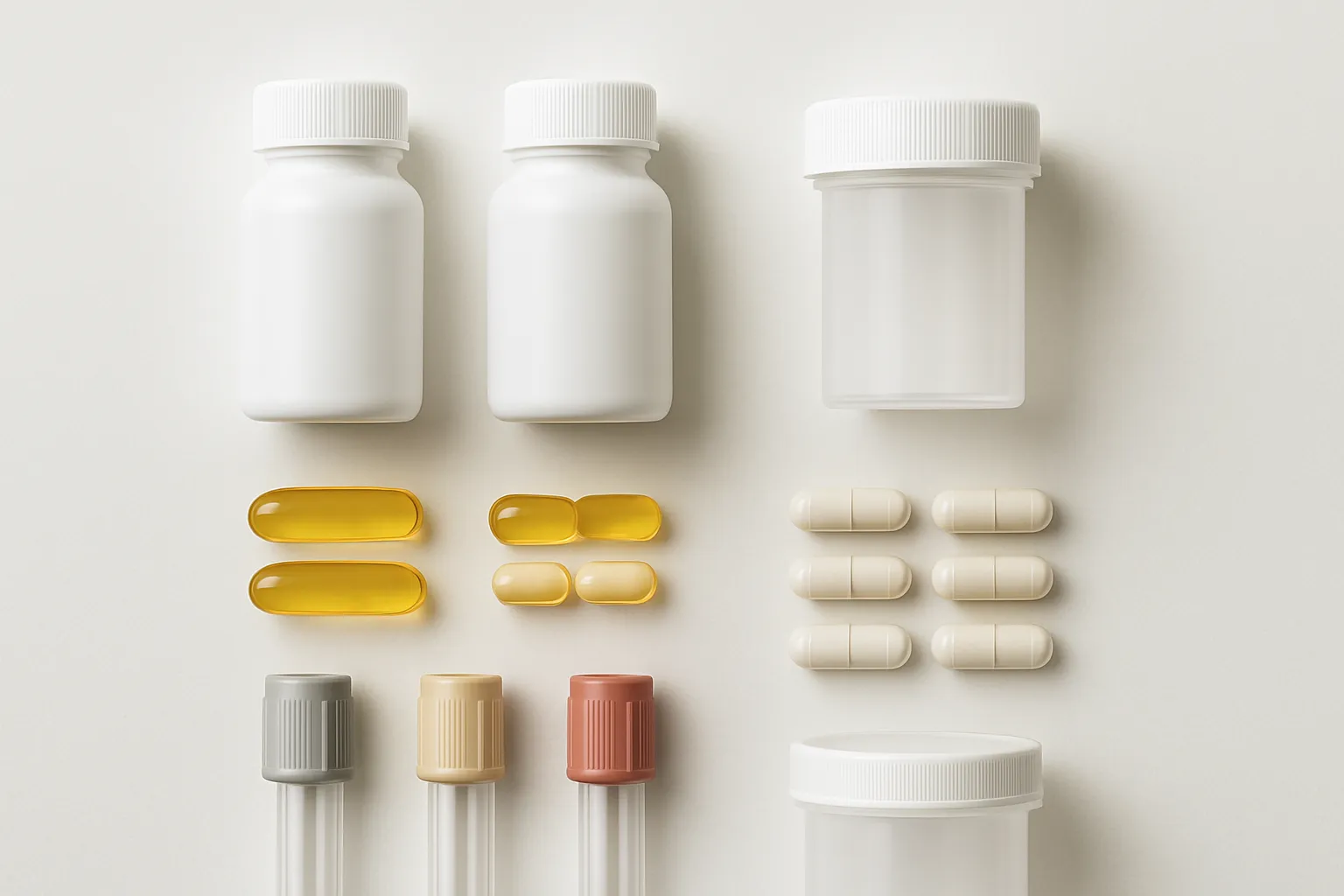 Ferramentas Essenciais para Gestão da Saúde Tireoidiana Flat lay organizado de ferramentas para saúde da tireoide: frascos de suplementos sem rótulos de levotiroxina, cápsulas de iodo e selênio, tubos de exame de sangue para painel tireoidiano, dispostos em grade simétrica sobre superfície médica branca estéril