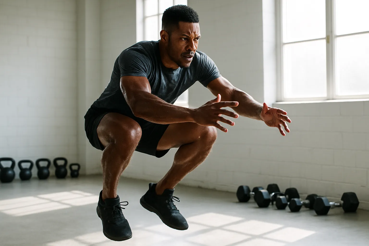 Pessoa realizando treino de alta intensidade (HIIT) que estimula aumento de até 450% nos níveis de hormônio do crescimento através do estresse metabólico