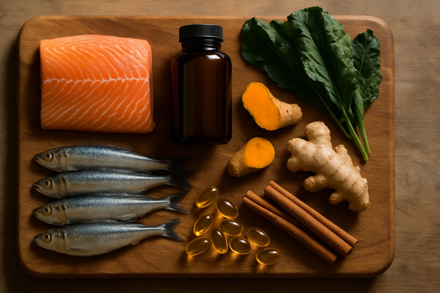 Arranjo flat lay orgânico de alimentos anti-inflamatórios em tábua de madeira: salmão fresco, sardinhas, óleo de peixe, raiz de cúrcuma, gengibre, canela e vegetais folhosos escuros