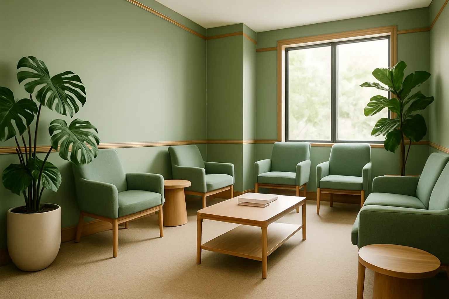 Sala de espera moderna de clínica com assentos confortáveis em tons sage green, grandes plantas tropicais, acentos de madeira natural e iluminação natural difusa criando ambiente acolhedor
