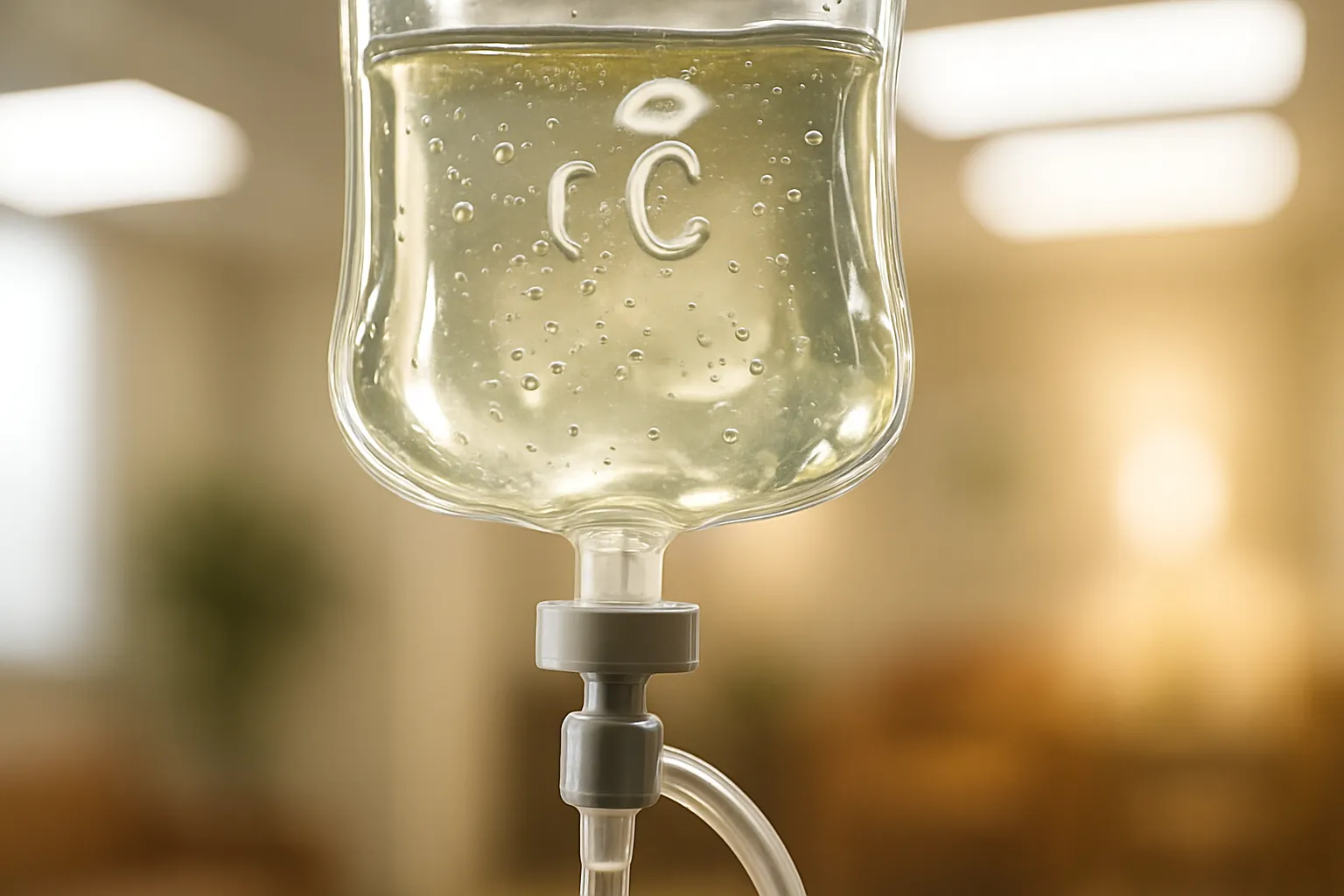 Protocolo IV de Vitamina C em Alta Dose Detalhe macro de bolsa de infusão intravenosa de vitamina C em dose terapêutica para tratamento metabólico
