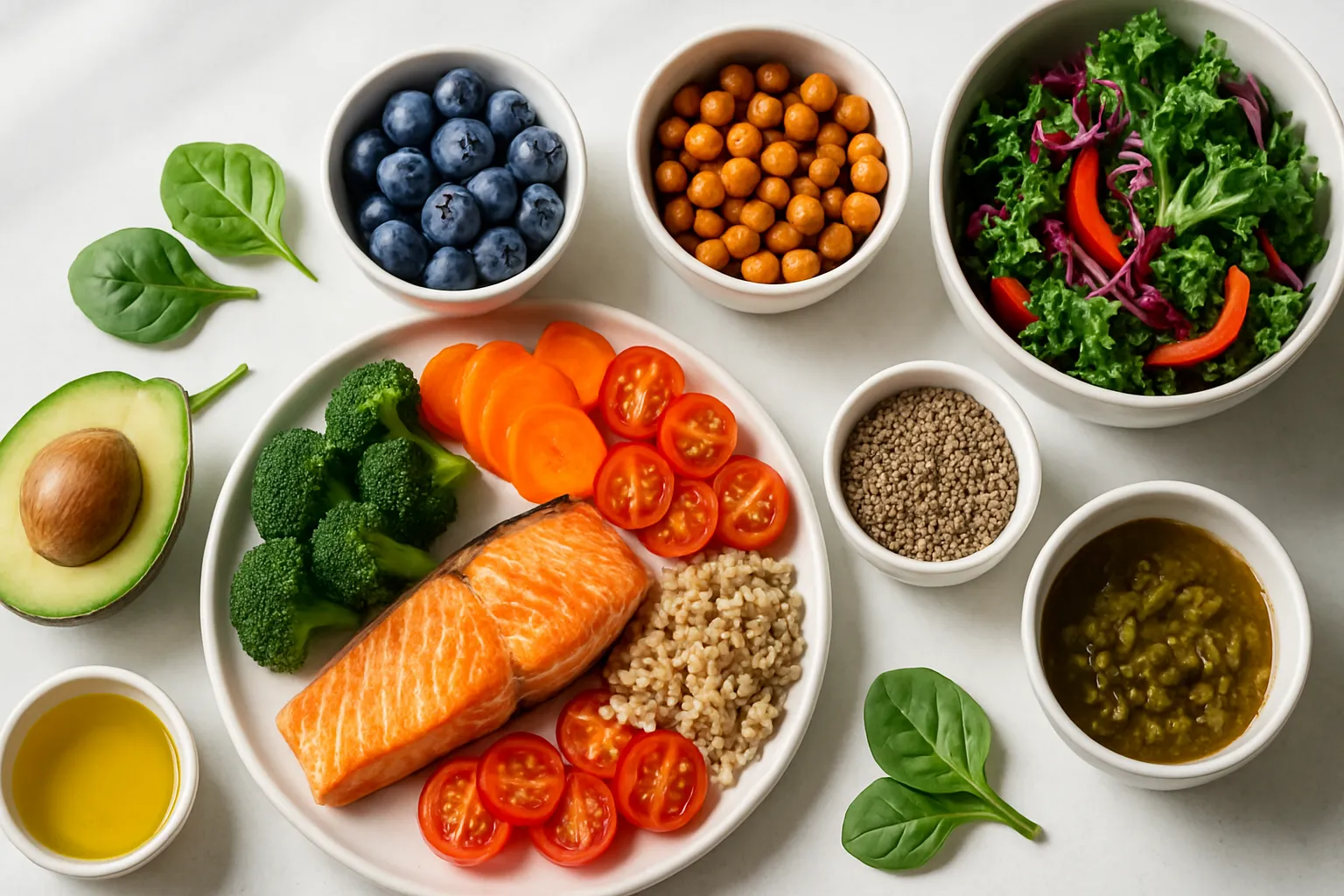 Refeição anti-inflamatória com alimentos ricos em ômega-3, antioxidantes e fibras para tratamento nutricional da acne hormonal