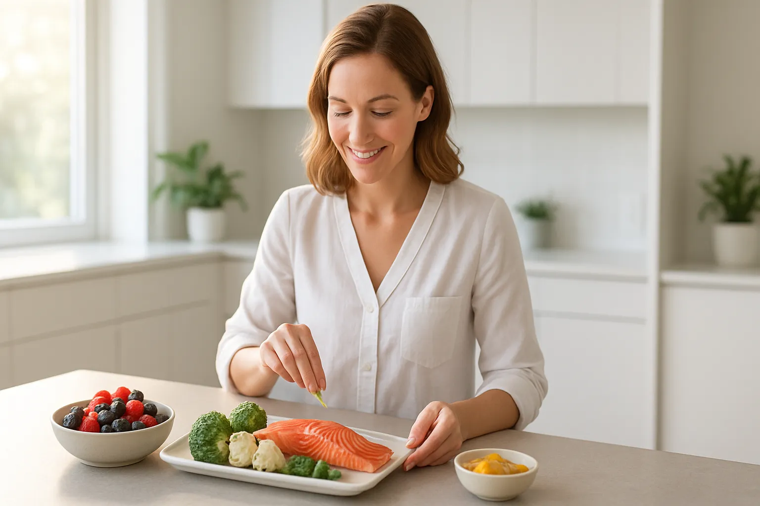 Alimentação Anti-Inflamatória para Endometriose Mulher preparando refeição anti-inflamatória com salmão rico em ômega-3, vegetais crucíferos, frutas vermelhas e cúrcuma