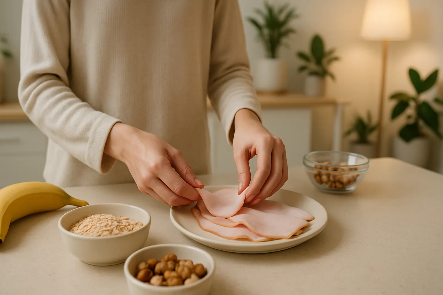 Preparação de lanche noturno leve com alimentos ricos em triptofano como banana, aveia, castanhas e peru sobre bancada de cozinha