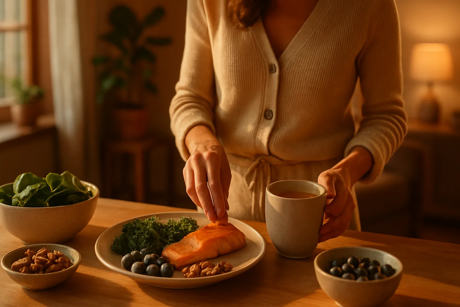 Rotina matinal saudável com alimentos adaptogênicos e anti-cortisol incluindo chá, vegetais verdes escuros, salmão e frutas vermelhas para controle de gordura abdominal