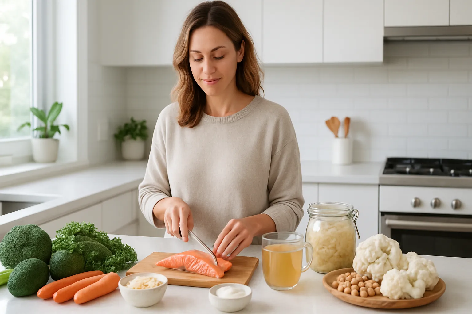 Mulher preparando refeição anti-inflamatória com alimentos que promovem saúde intestinal em cozinha moderna e iluminada