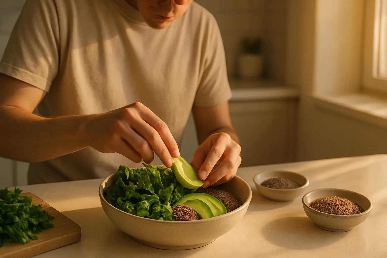Bowl sendo preparado com vegetais folhosos, sementes de chia, linhaça e abacate - alimentos ricos em fibras para prolongar saciedade