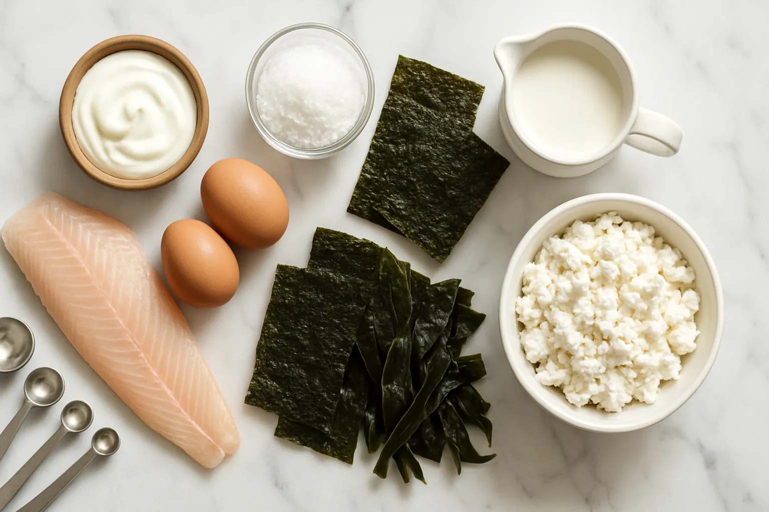 Composição flat lay de alimentos ricos em iodo incluindo peixes, algas marinhas, sal iodado, ovos e laticínios sobre superfície de mármore branco