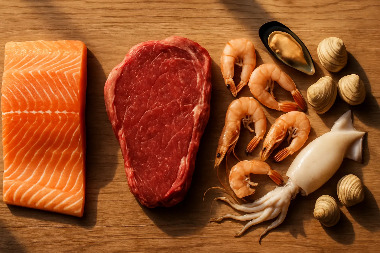 Fontes Alimentares Ricas em Taurina Arranjo de alimentos ricos em taurina incluindo salmão, carne bovina e frutos do mar, mostrando as principais fontes alimentares deste aminoácido essencial para a calma cerebral