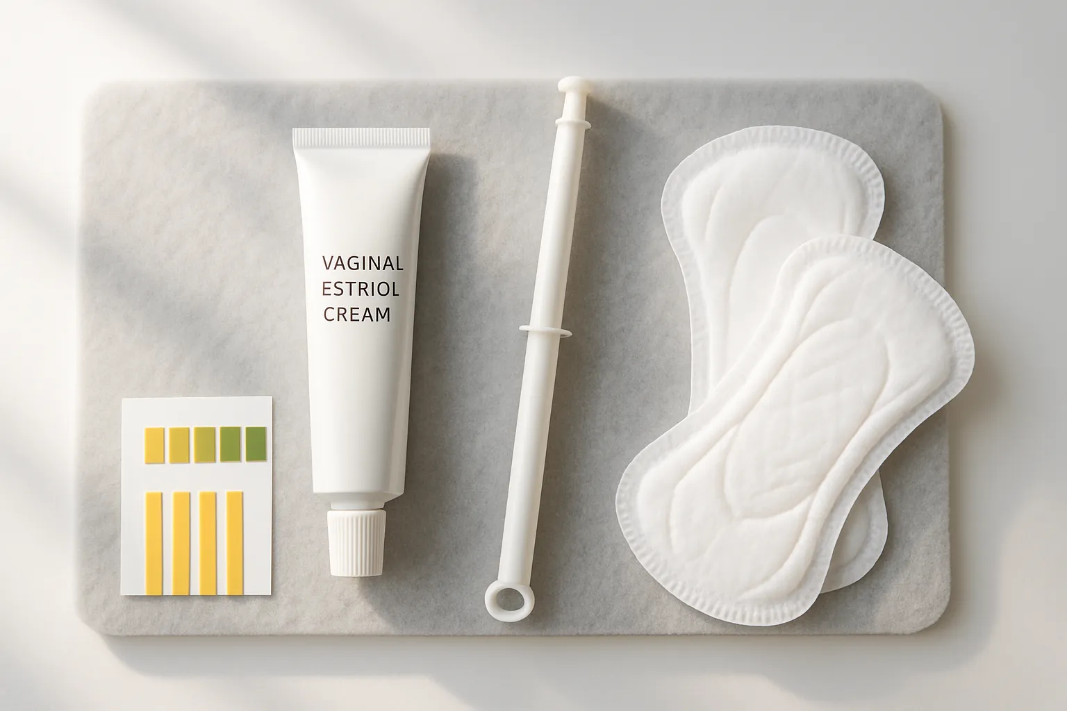 Aplicação Tópica de Estriol Vaginal Produtos de estriol tópico vaginal incluindo creme, aplicador e itens para saúde urogenital feminina