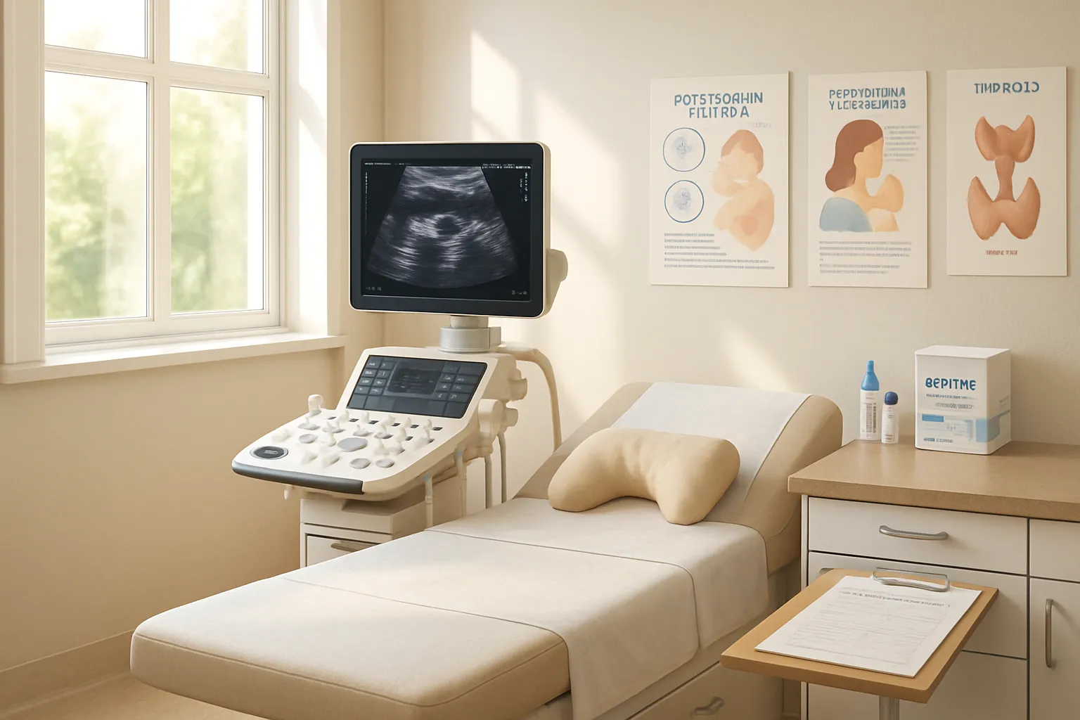 Avaliação Clínica Especializada em Tireoide Pós-Parto Sala de avaliação clínica especializada em tireoide pós-parto com equipamento de ultrassom, mesa de exame e materiais para testes de anticorpos anti-TPO