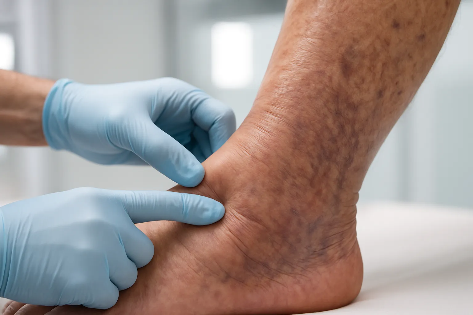 Avaliação de Edema em Membros Inferiores Profissional de saúde realizando teste de compressão em tornozelo com edema, avaliando retenção de líquidos por insuficiência venosa