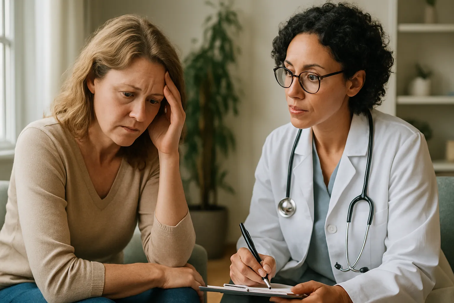 Profissional de saúde avaliando sintomas cognitivos e alterações de humor em paciente durante a perimenopausa