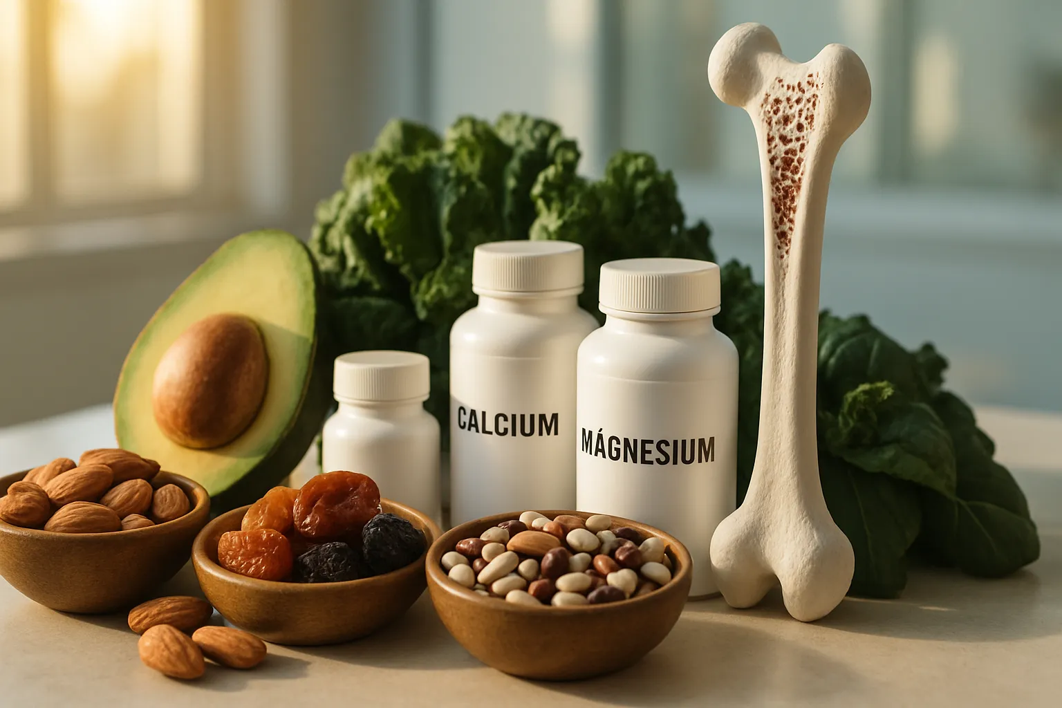 Alimentos ricos em boro como amêndoas, abacate, frutas secas e vegetais verdes dispostos com suplementos de cálcio e magnésio e modelo de densidade óssea